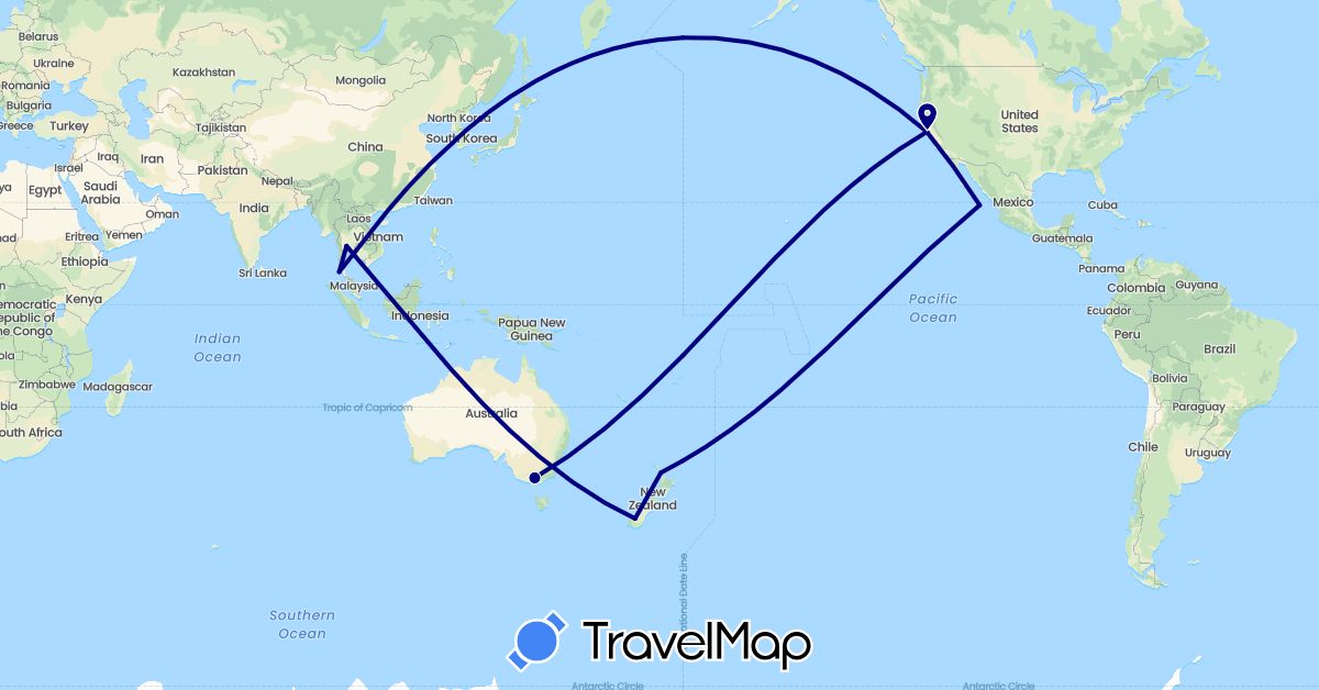 TravelMap itinerary: driving in Australia, Mexico, New Zealand, Thailand, United States (Asia, North America, Oceania)